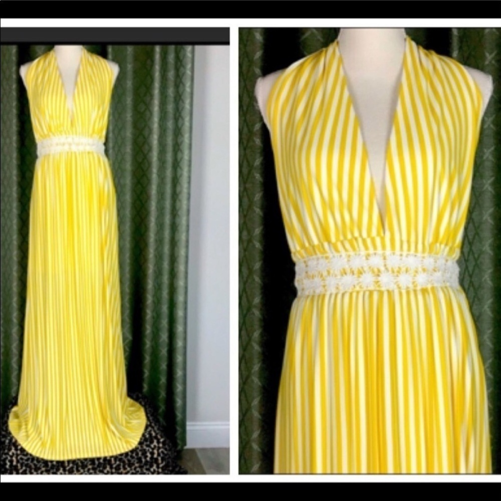 Anthropologie Judith March Stripe Halter Top Maxi Dress w daisy belt details.
